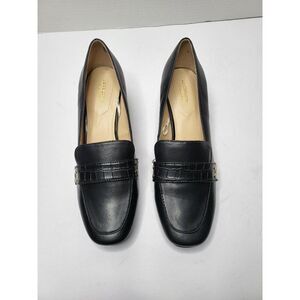 Liz Claiborne Black Leather Penny Loafers Size10 Comfort Slip-On Croc Dress Shoe